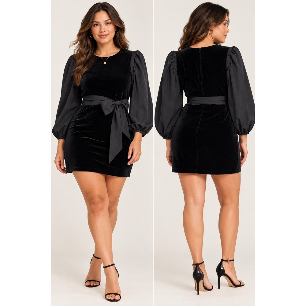 LDT Black Velvet Puff Sleeve Mini Dress with Tie Waist Belt Size 12 Chic Wedding